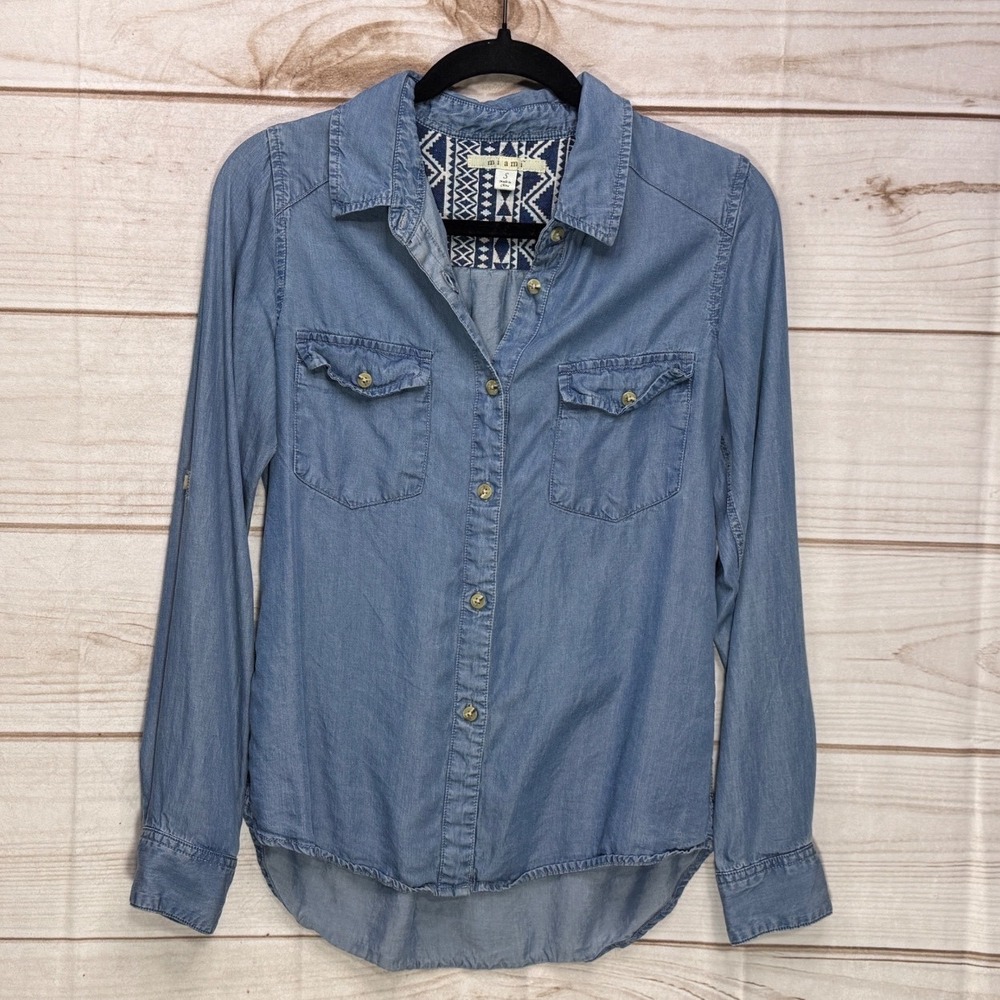 Mi Ami Button Down Shirt Women's S Blue Excellent Tribal Embroidered Chambray